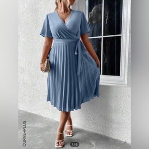 Pleated blue wrap dress